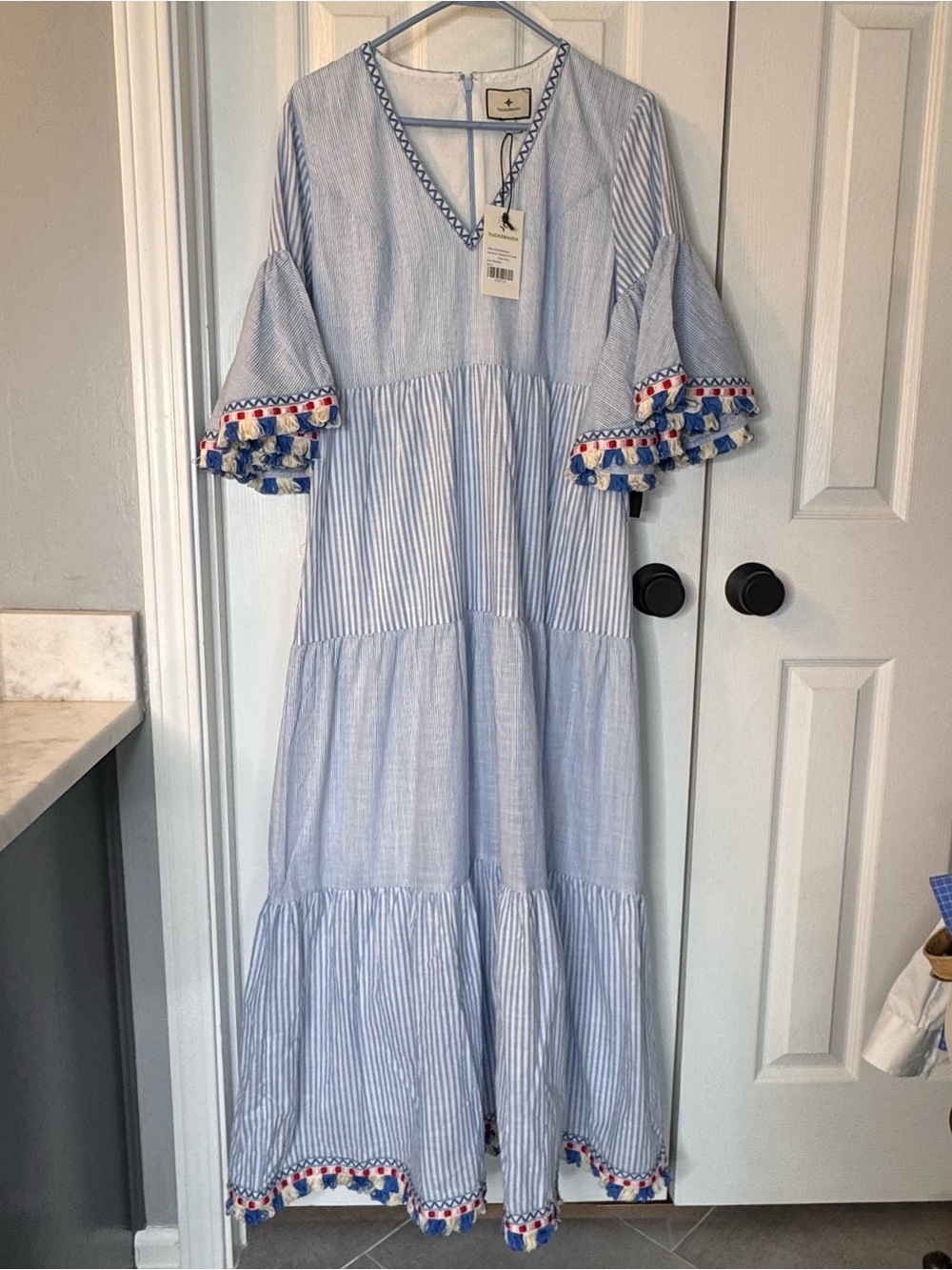 Tuckernuck Blue Striped Maxi Dress with Multicolor Fringe ladies Medium - Picture 2 of 12